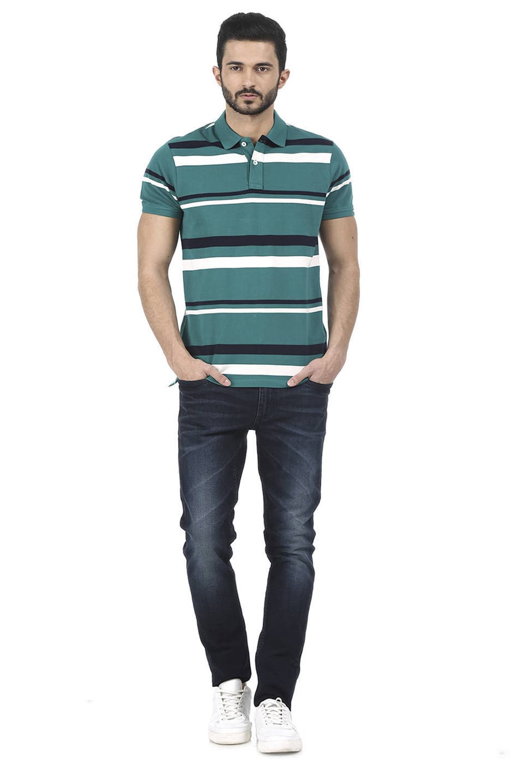 BASICS MUSCLE FIT STRIPED POLO T SHIRT