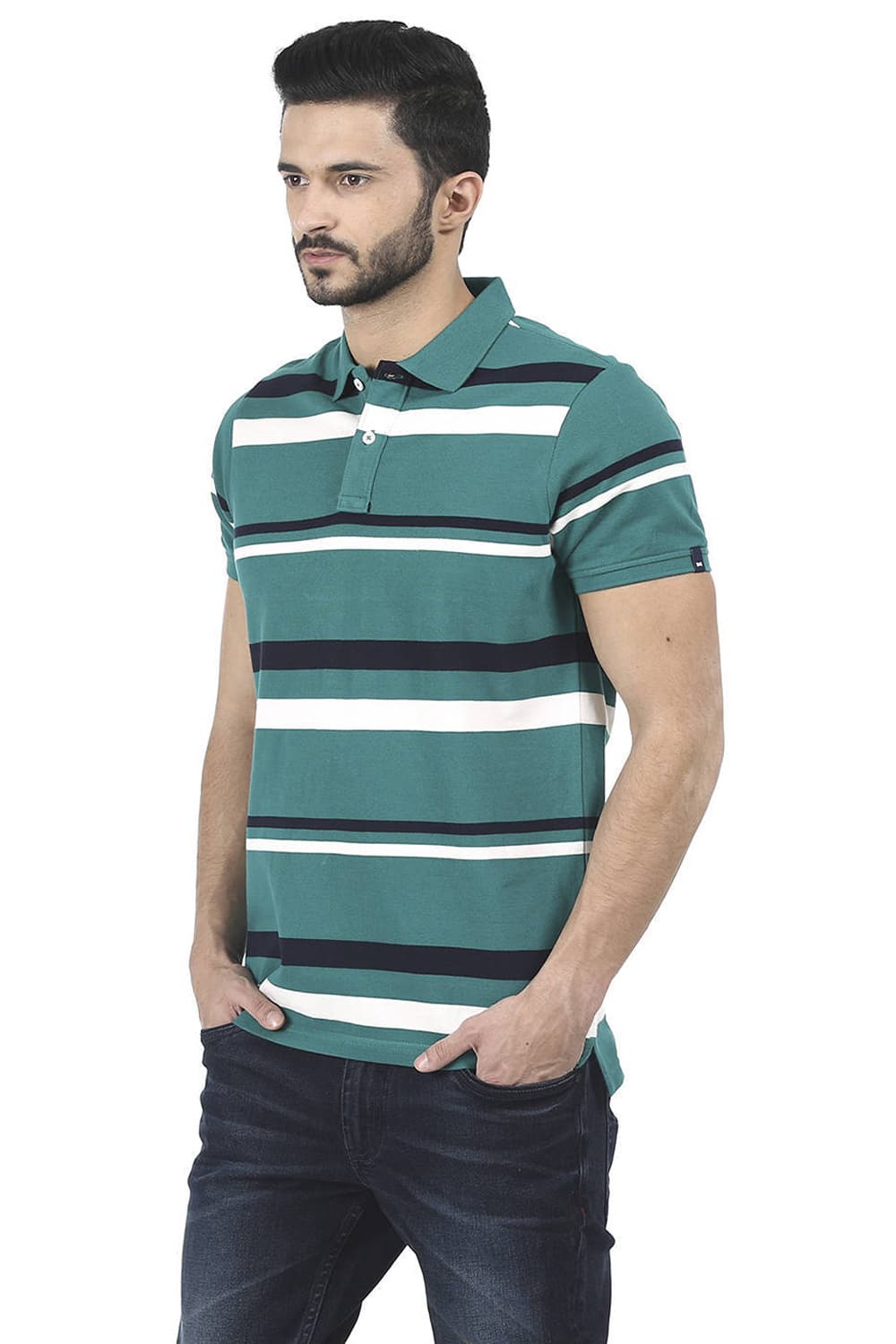 BASICS MUSCLE FIT STRIPED POLO T SHIRT