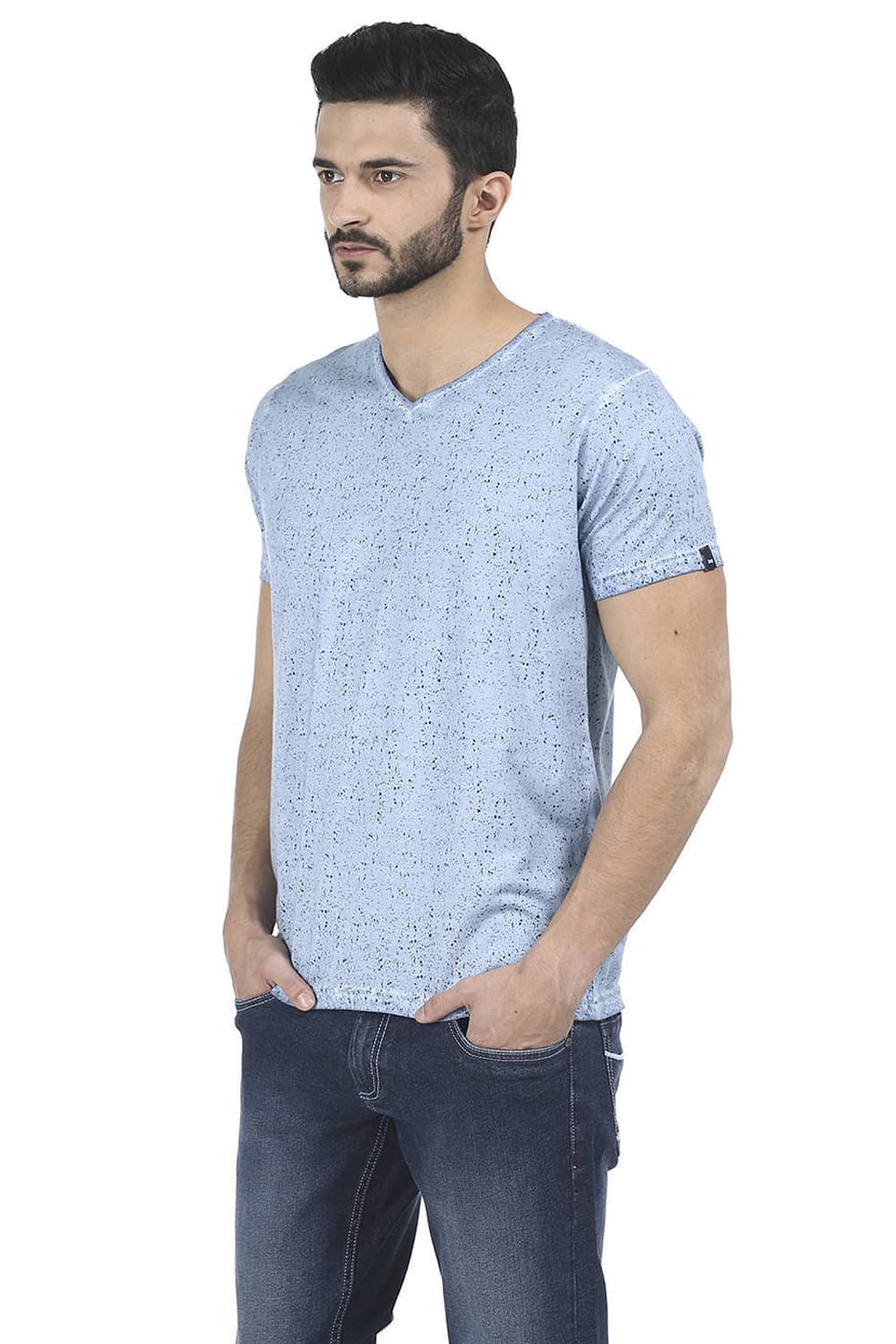 BASICS MUSCLE FIT PRINTED V NECK T SHIRT