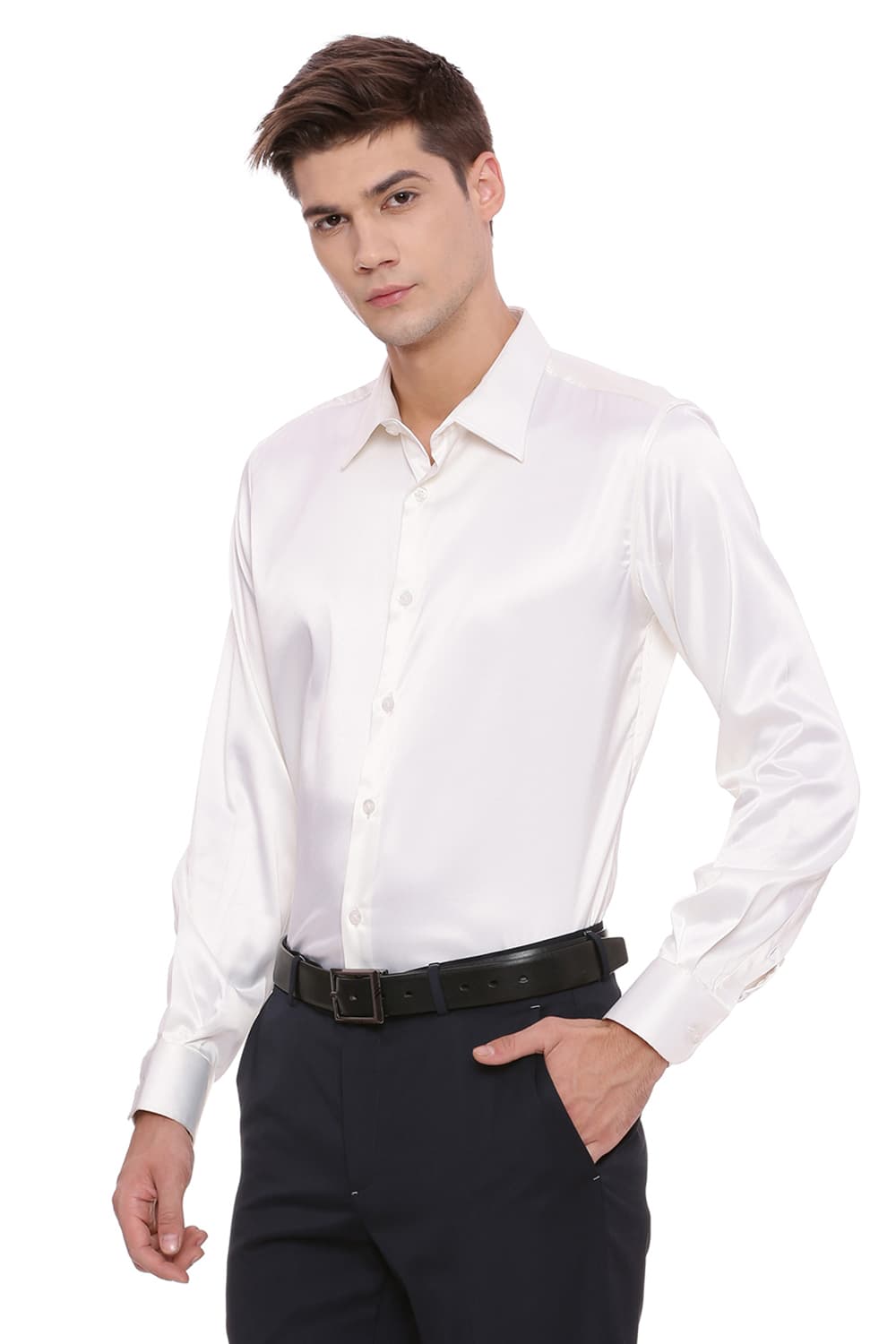 BASICS TRIM FIT SATIN STRETCH SHIRT