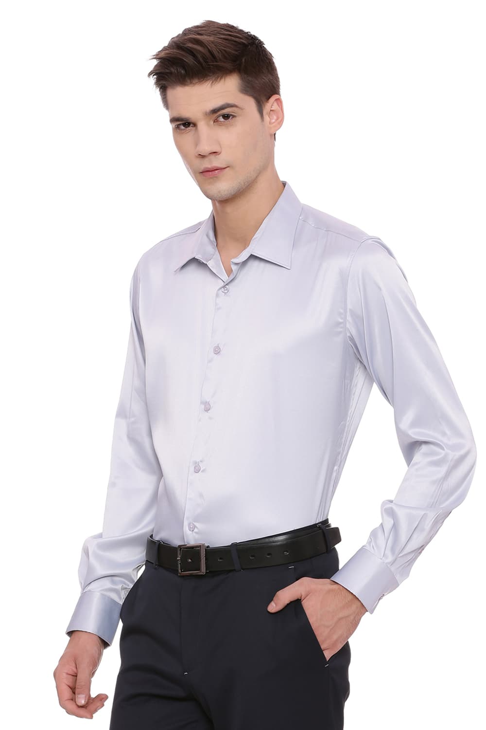 BASICS TRIM FIT SATIN STRETCH SHIRT