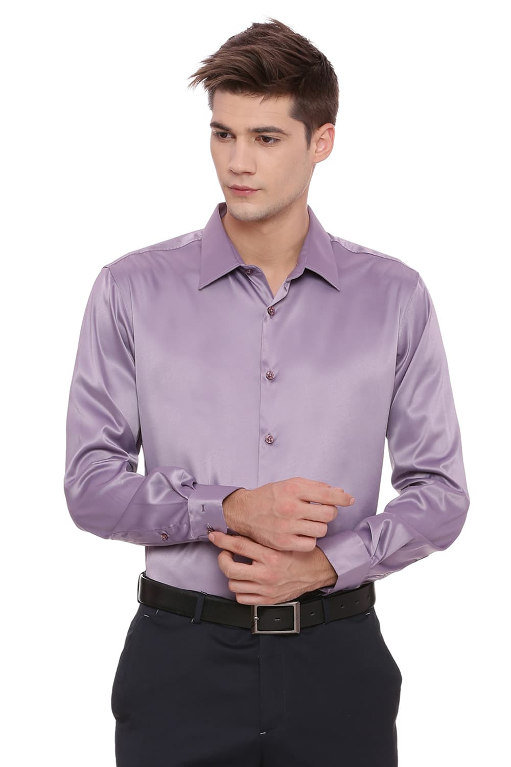 BASICS TRIM FIT SATIN STRETCH SHIRT