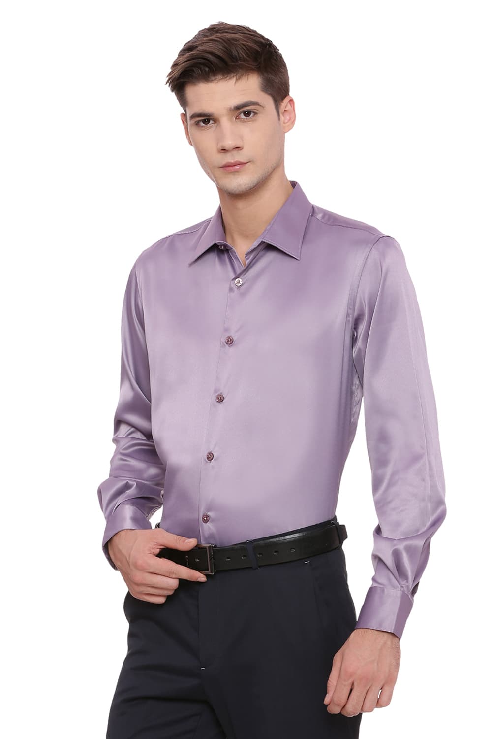 BASICS TRIM FIT SATIN STRETCH SHIRT