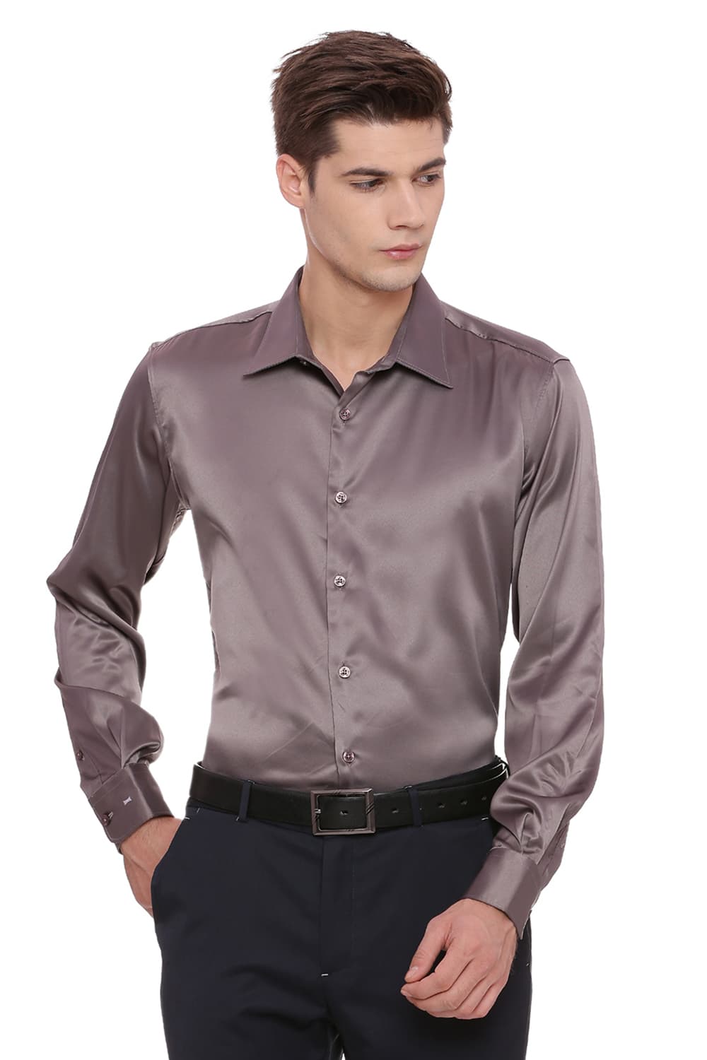 BASICS TRIM FIT SATIN STRETCH SHIRT