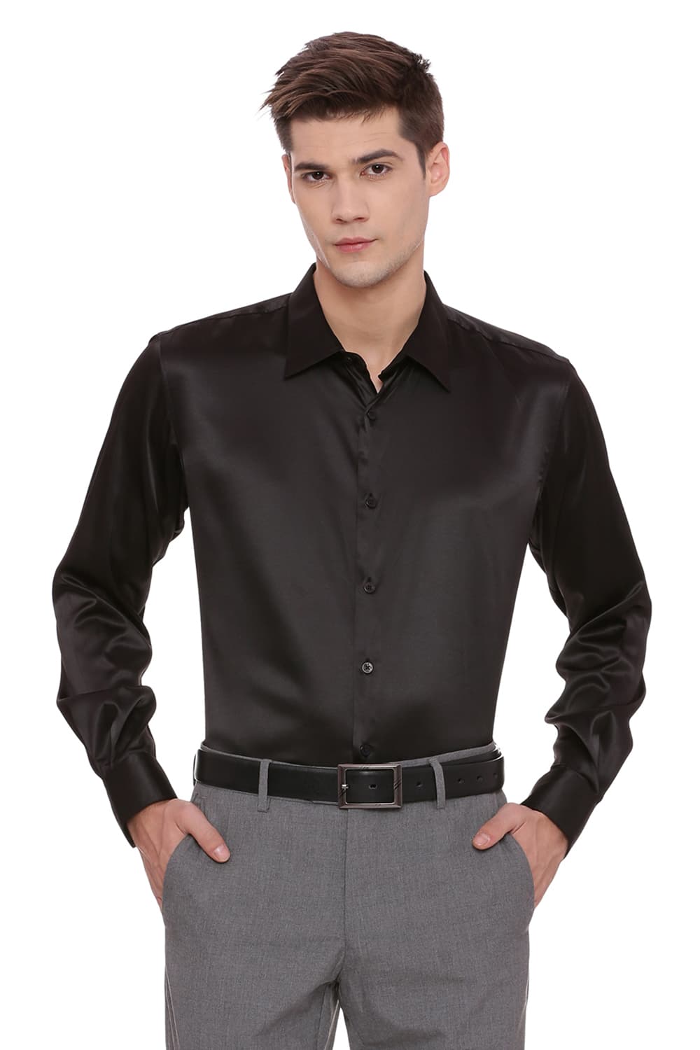 BASICS TRIM FIT SATIN STRETCH SHIRT