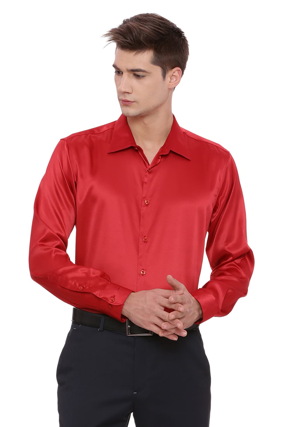 BASICS TRIM FIT SATIN STRETCH SHIRT