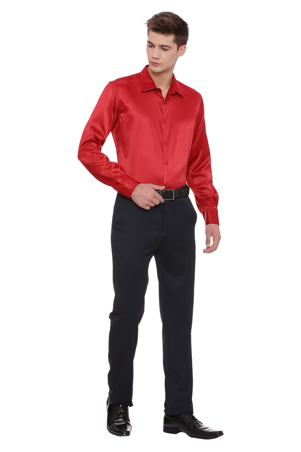 BASICS TRIM FIT SATIN STRETCH SHIRT