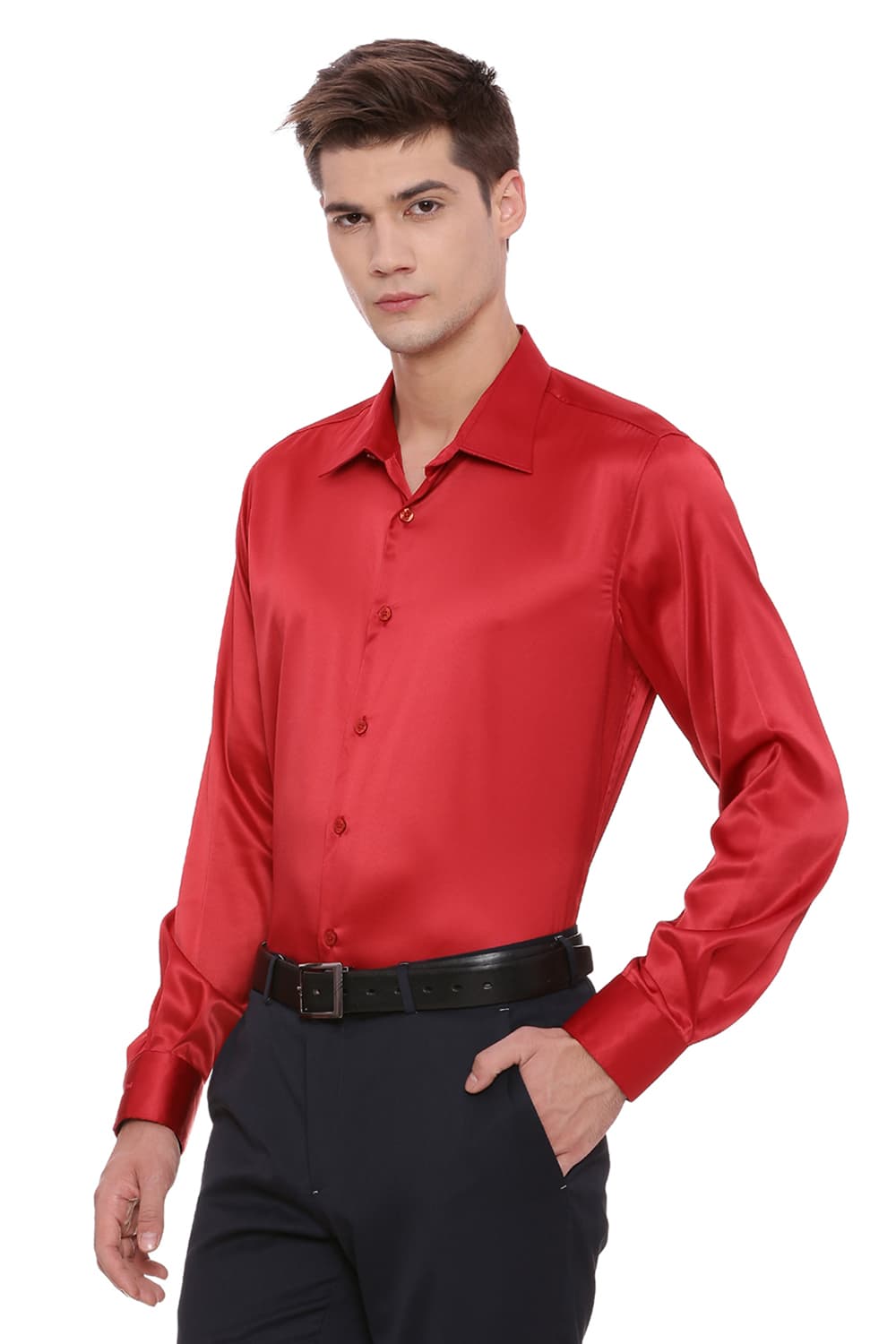 BASICS TRIM FIT SATIN STRETCH SHIRT