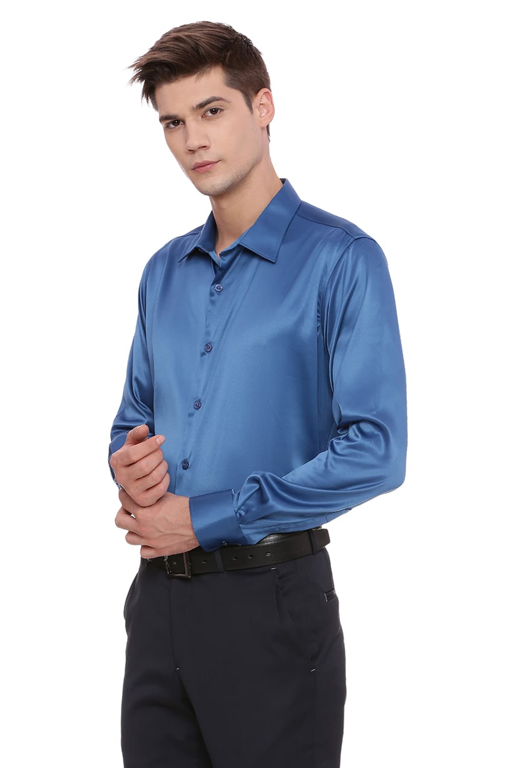 BASICS TRIM FIT SATIN STRETCH SHIRT