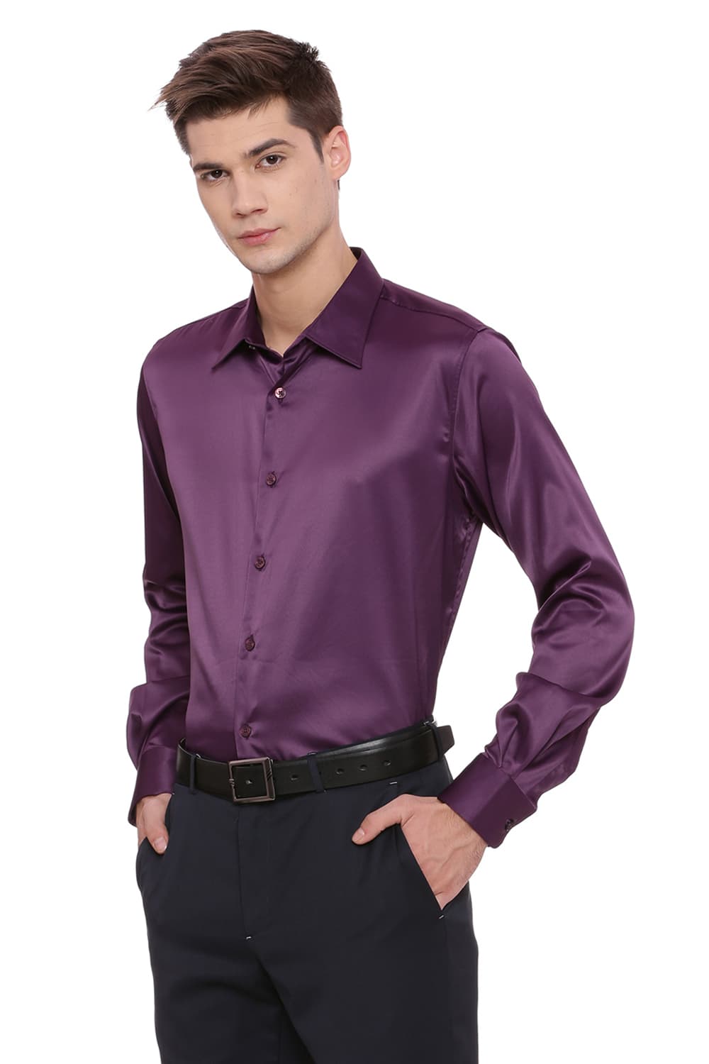 BASICS TRIM FIT SATIN STRETCH SHIRT