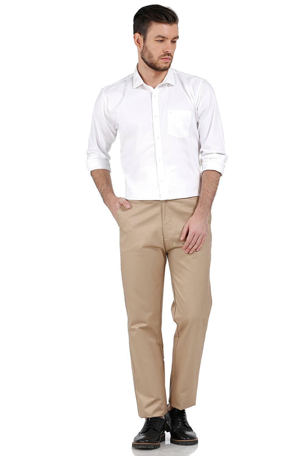 BASICS COMFORT FIT SATIN WEAVE POLY COTTON TROUSERS