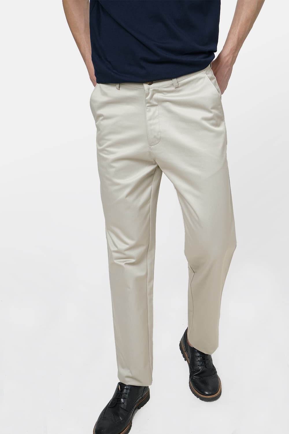 BASICS COMFORT FIT SATIN WEAVE POLY COTTON TROUSERS