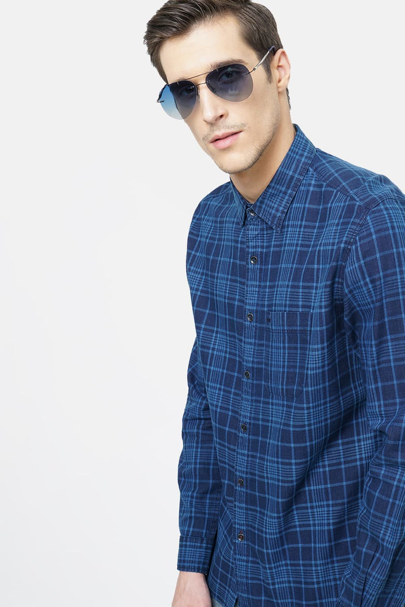 BASICS SLIM FIT INDIGO CHECKS SHIRT