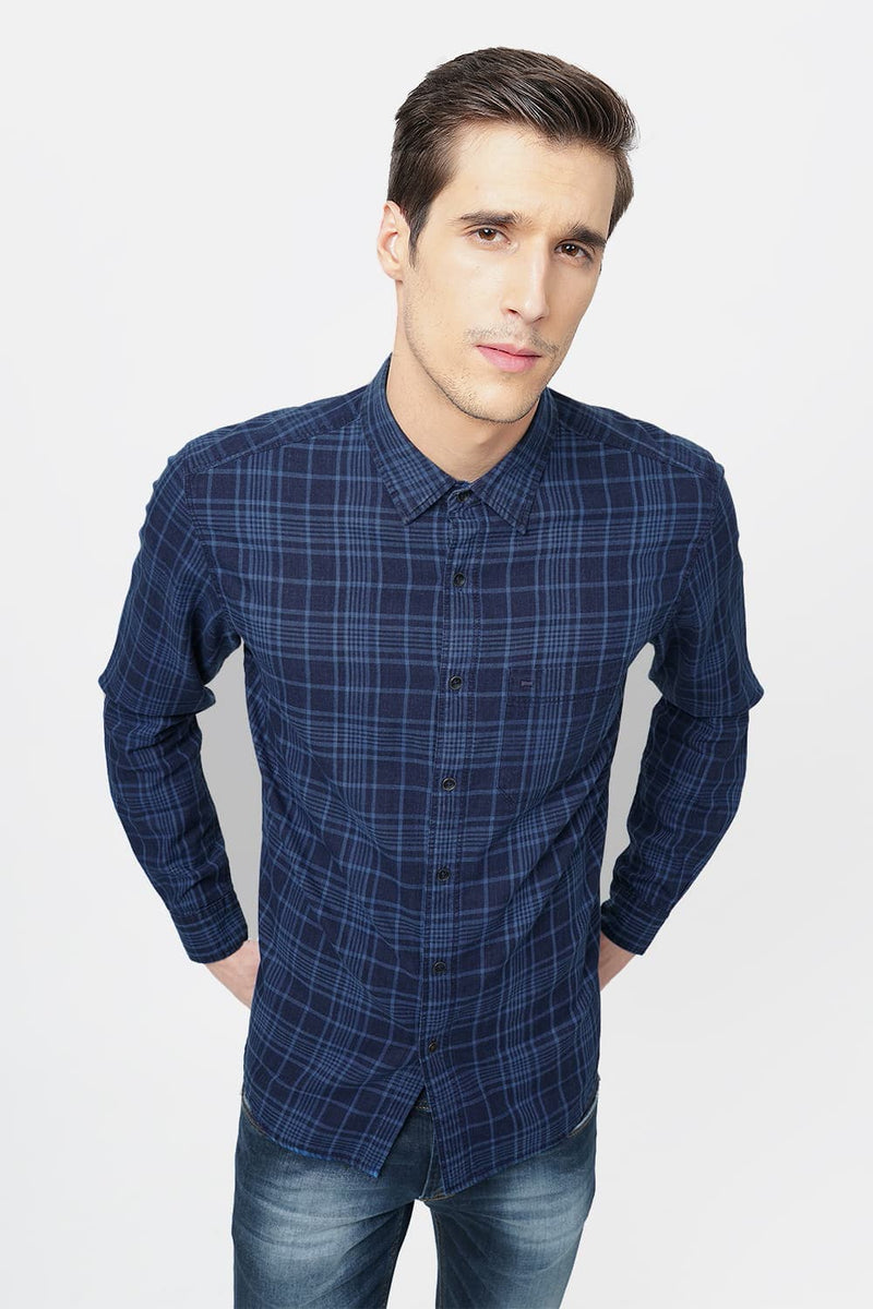 BASICS SLIM FIT INDIGO CHECKS SHIRT