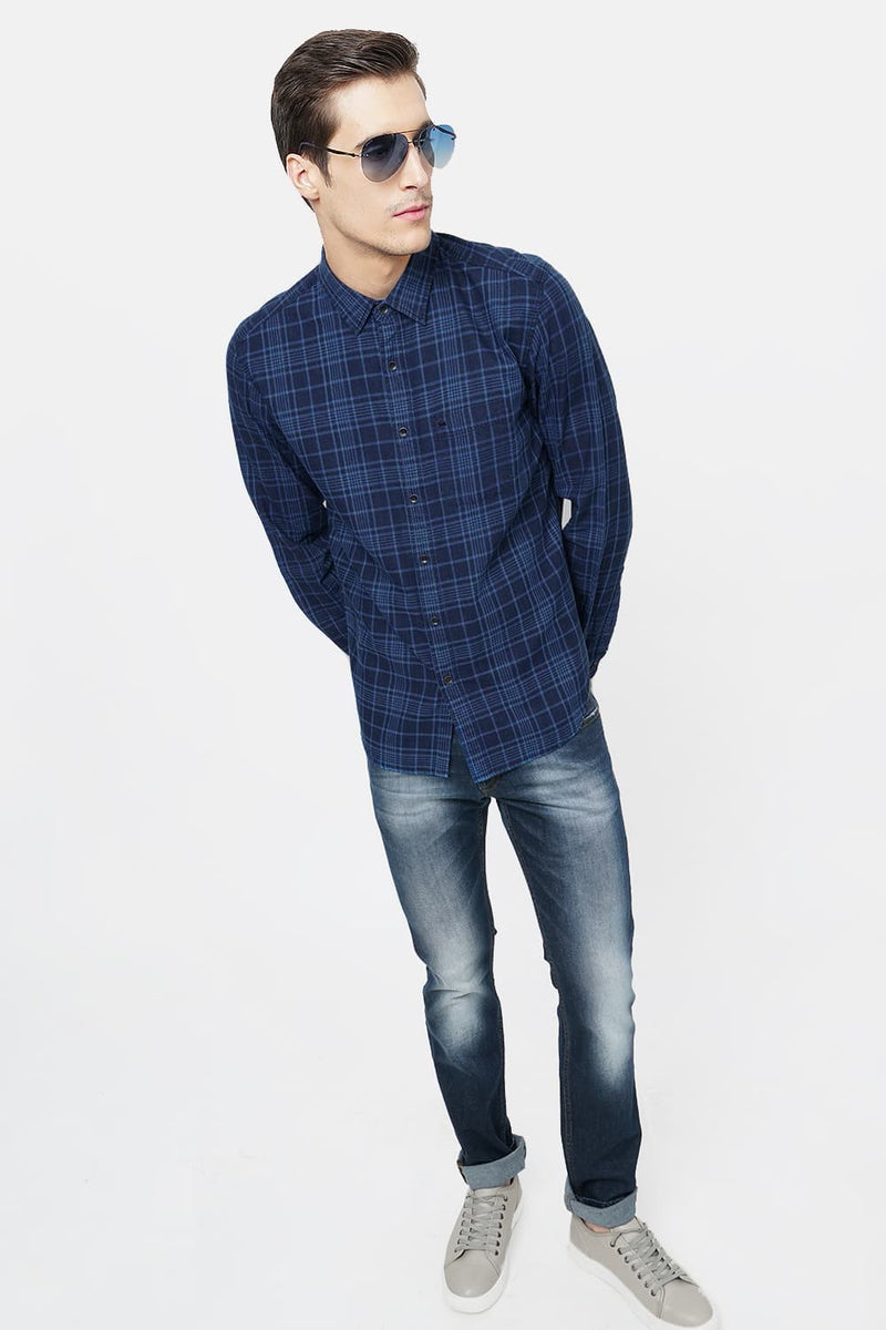 BASICS SLIM FIT INDIGO CHECKS SHIRT