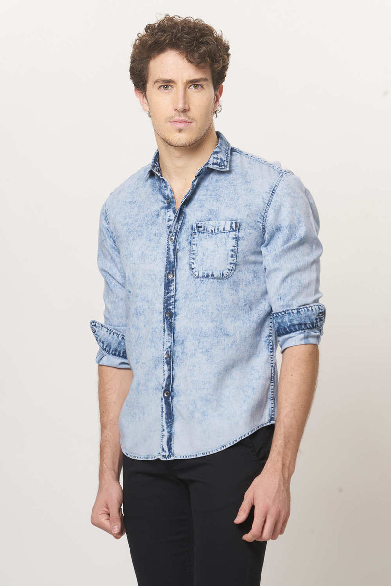 BASICS SLIM FIT DOBBY INDIGO SHIRT