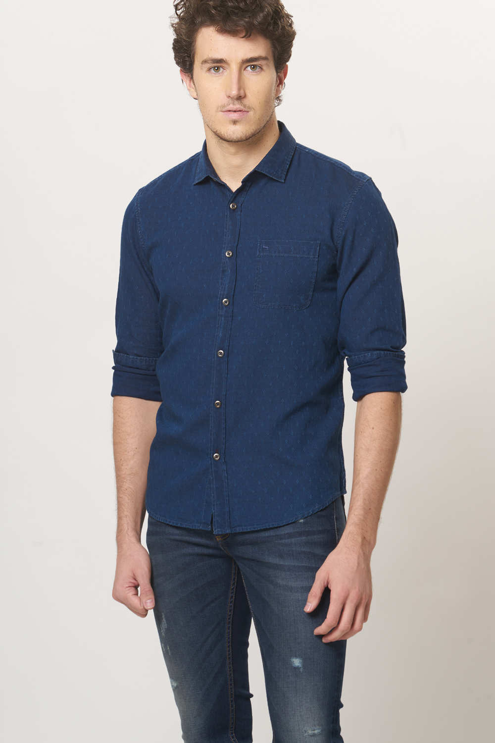 BASICS SLIM FIT INDIGO DOBBY SHIRT