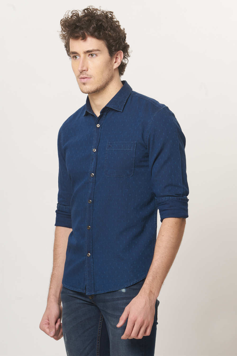 BASICS SLIM FIT INDIGO DOBBY SHIRT