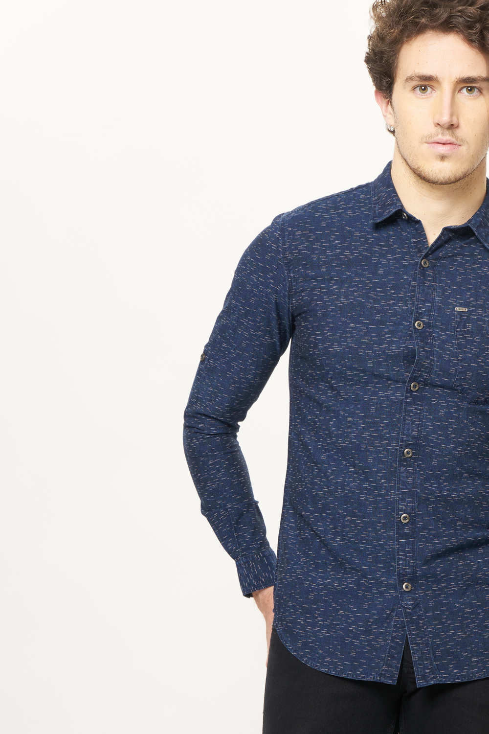 BASICS SLIM FIT PRINTED INDIGO SHIRT