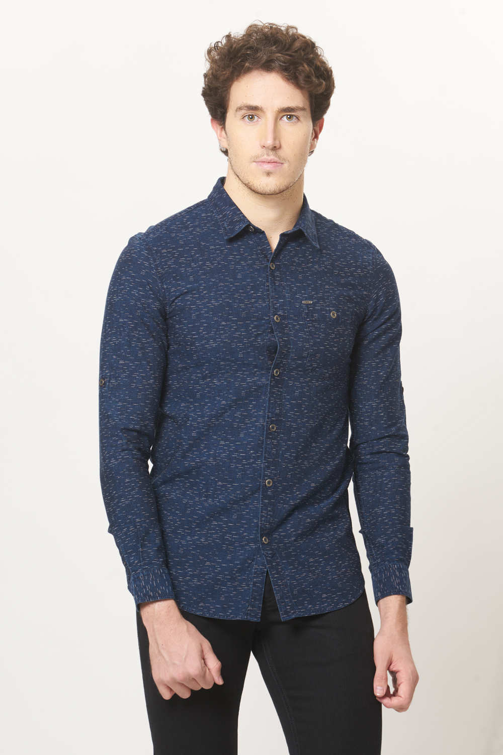 BASICS SLIM FIT PRINTED INDIGO SHIRT