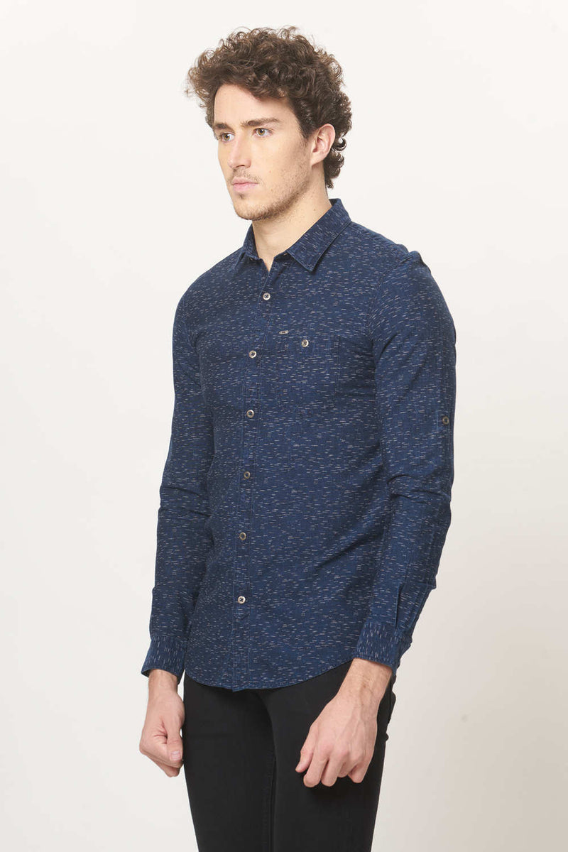 BASICS SLIM FIT PRINTED INDIGO SHIRT