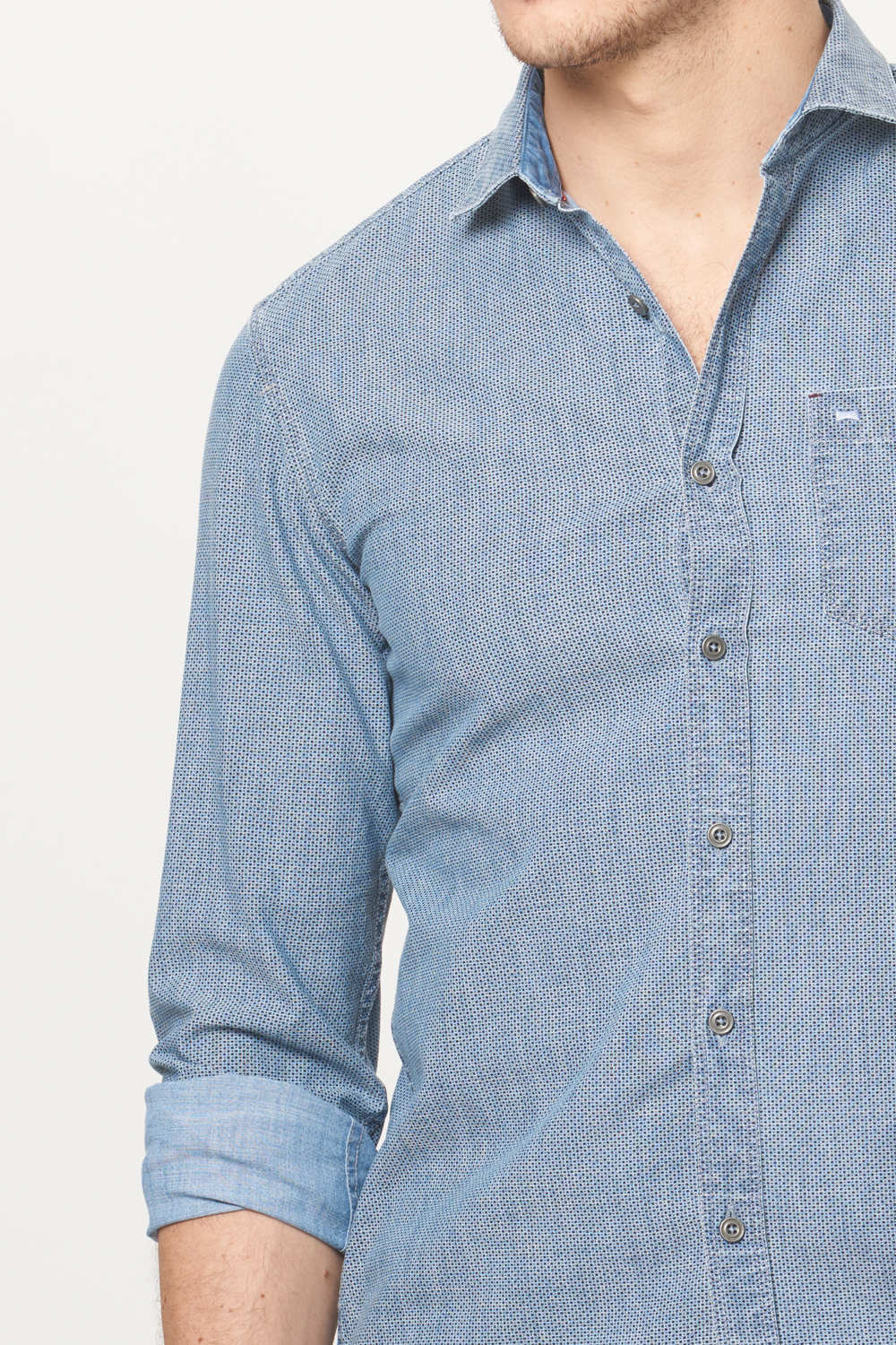 BASICS SLIM FIT INDIGO PRINTED SHIRT