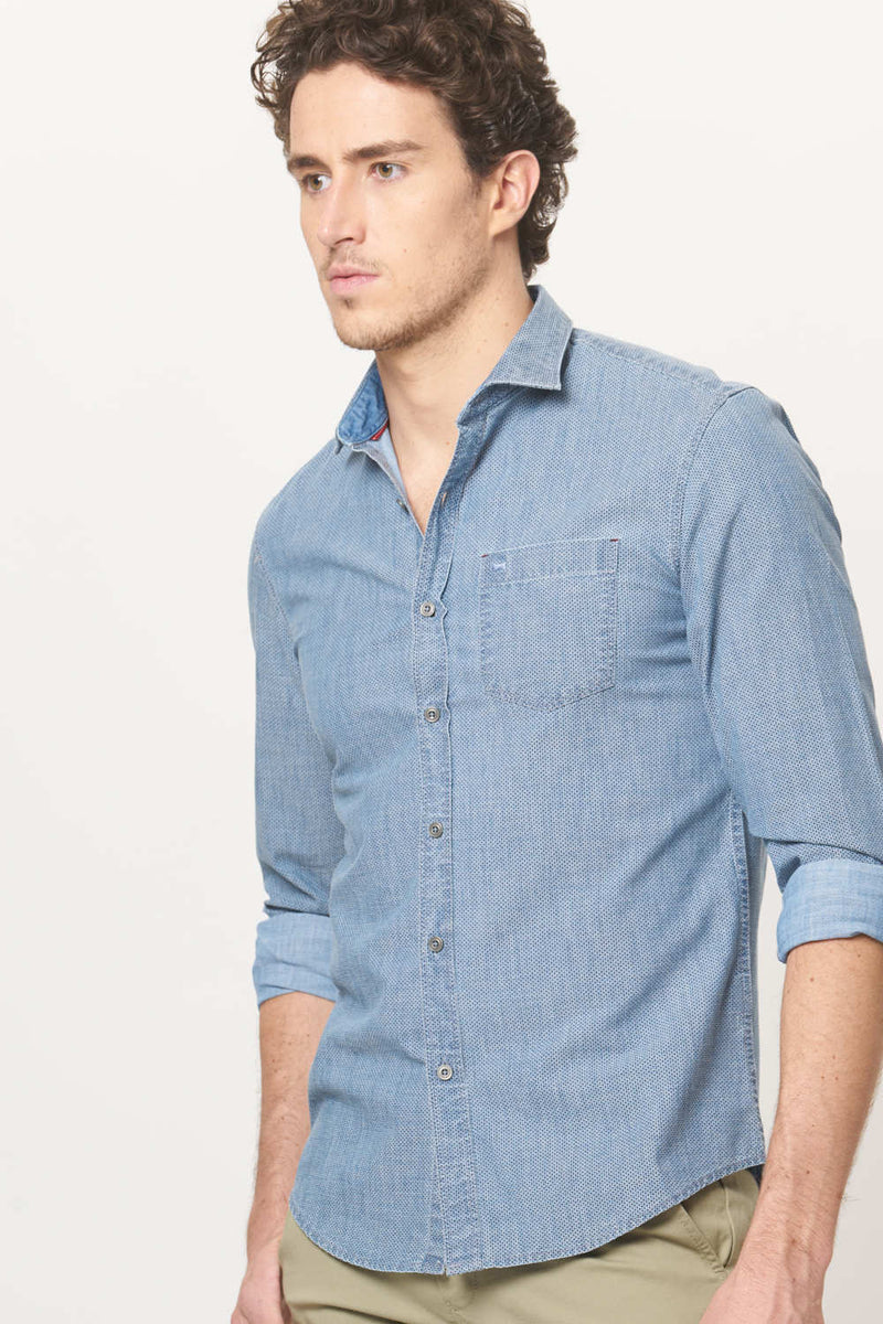 BASICS SLIM FIT INDIGO PRINTED SHIRT