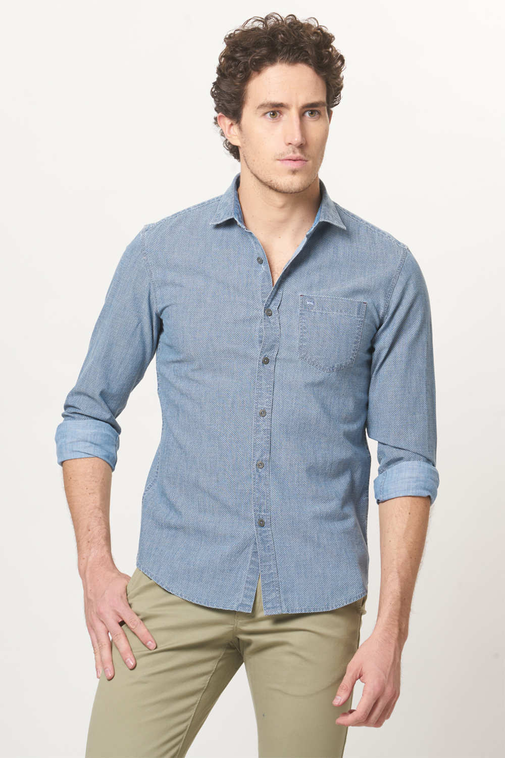 BASICS SLIM FIT INDIGO PRINTED SHIRT