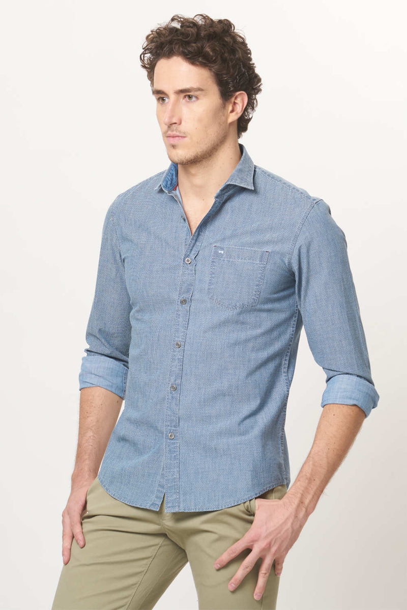 BASICS SLIM FIT INDIGO PRINTED SHIRT