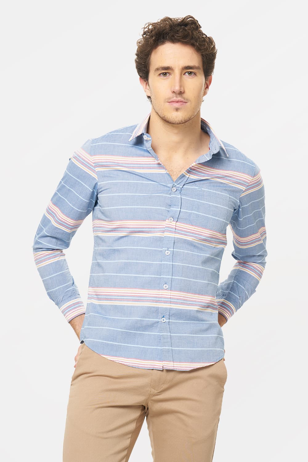 BASICS SLIM FIT WEFT STRIPE SHIRT