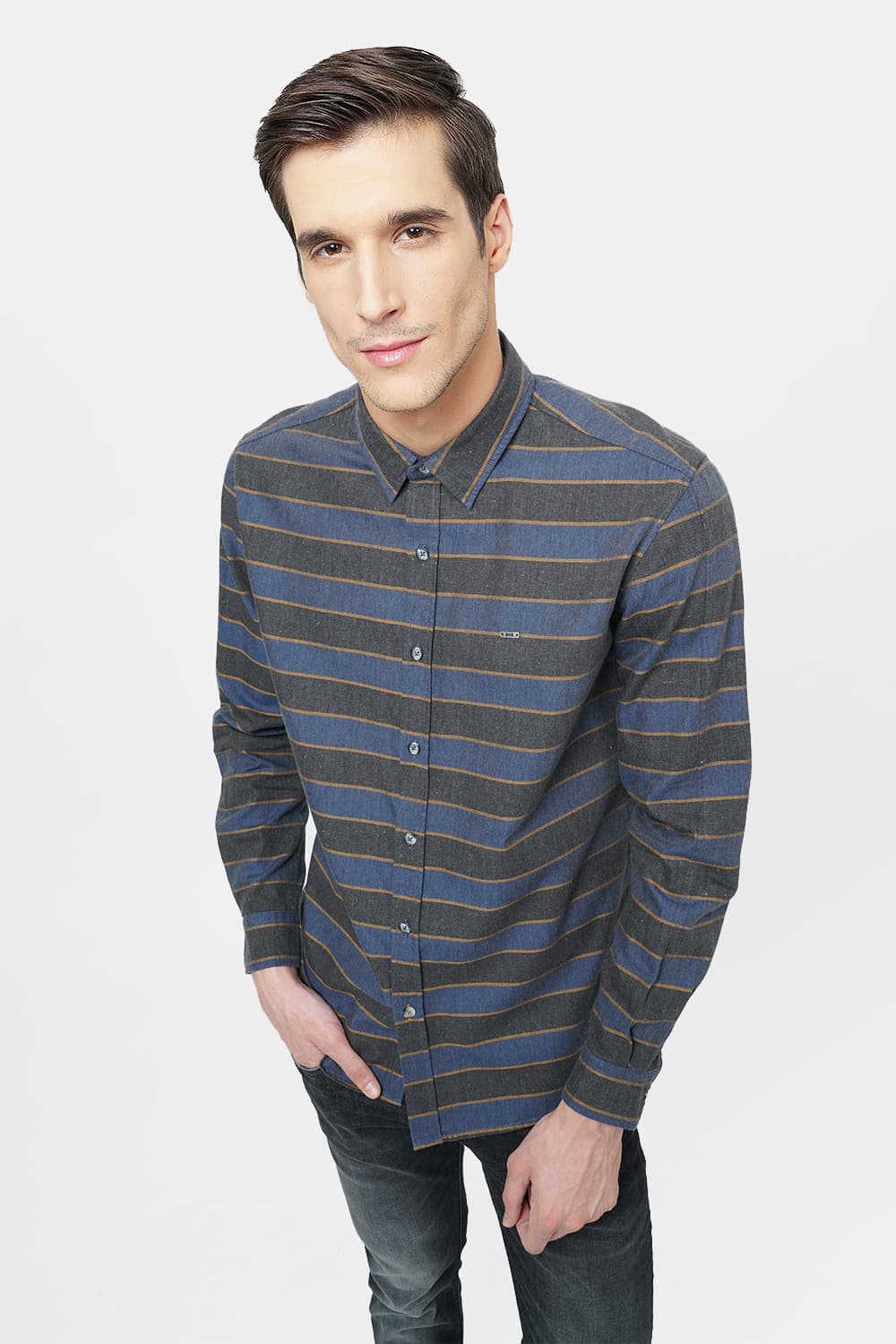 BASICS SLIM FIT WEFT STRIPES SHIRT