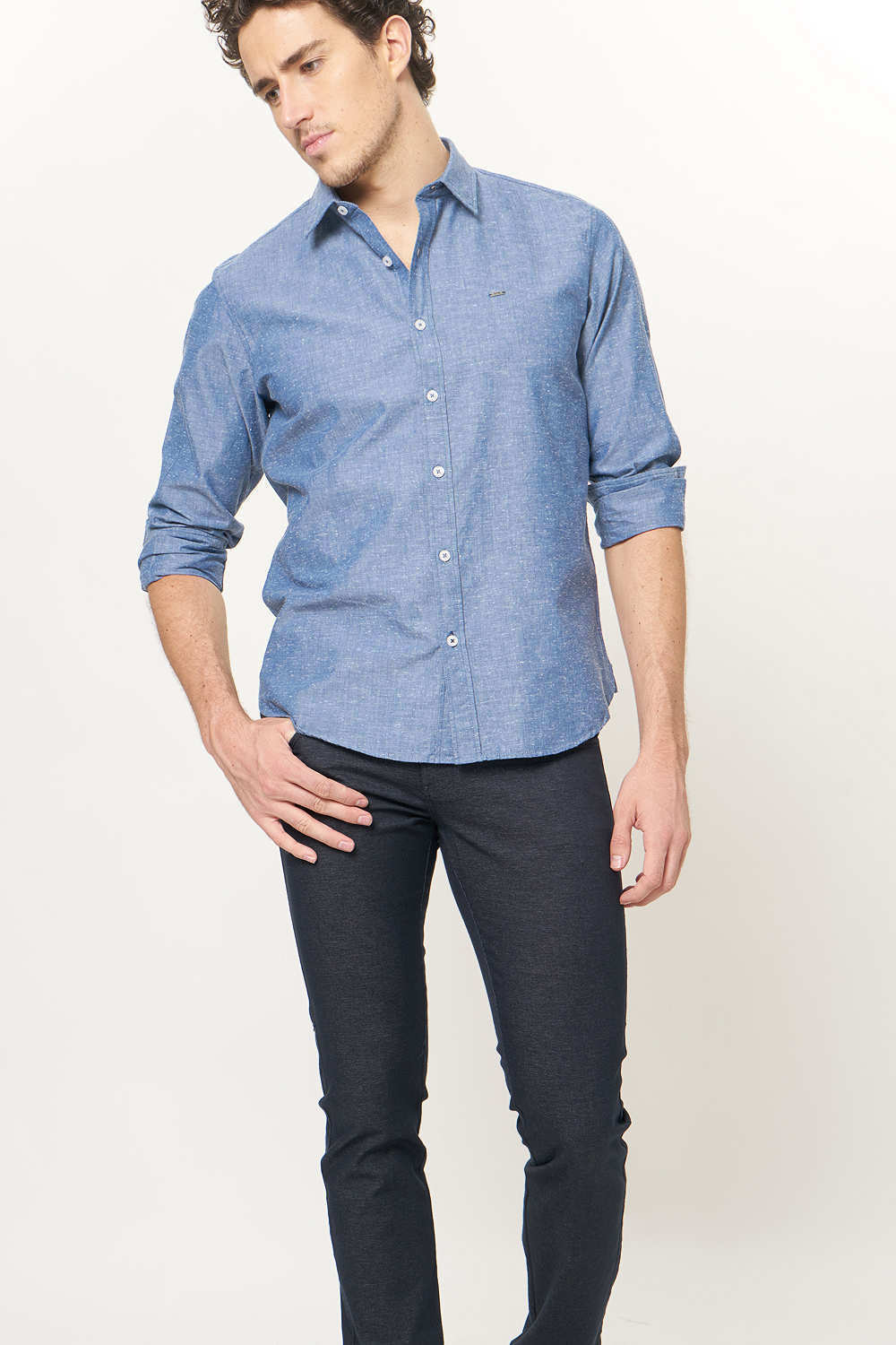 BASICS SLIM FIT NEPS CHAMBRAY SHIRT