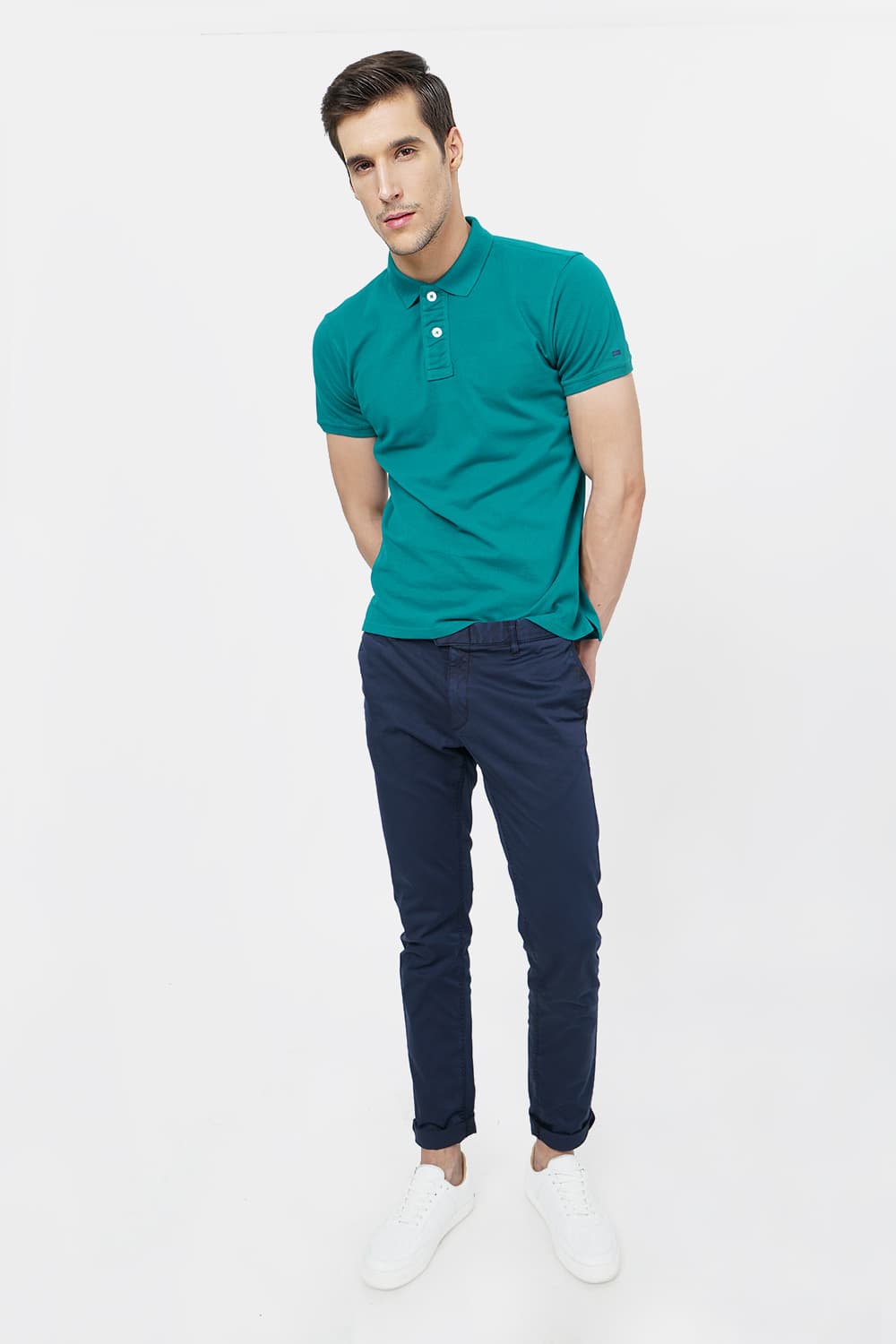 BASICS TAPERED FIT SATIN STRETCH TROUSER