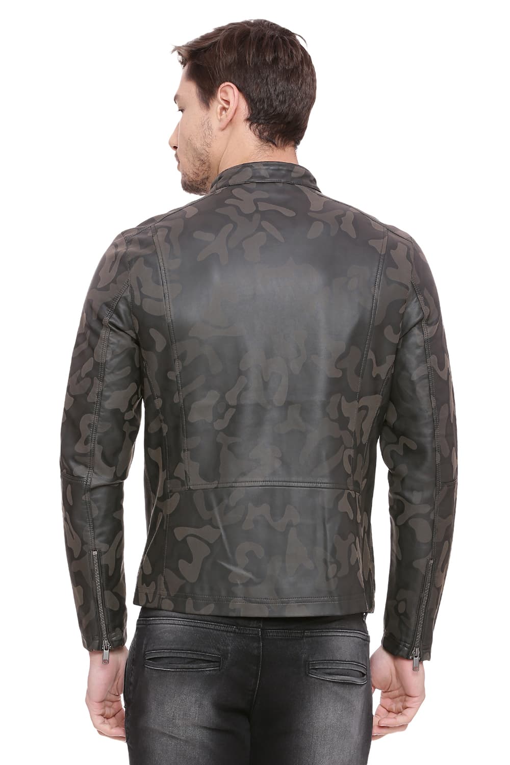 BASICS COMFORT FIT PRINTED FAUX LEATHER JACKET