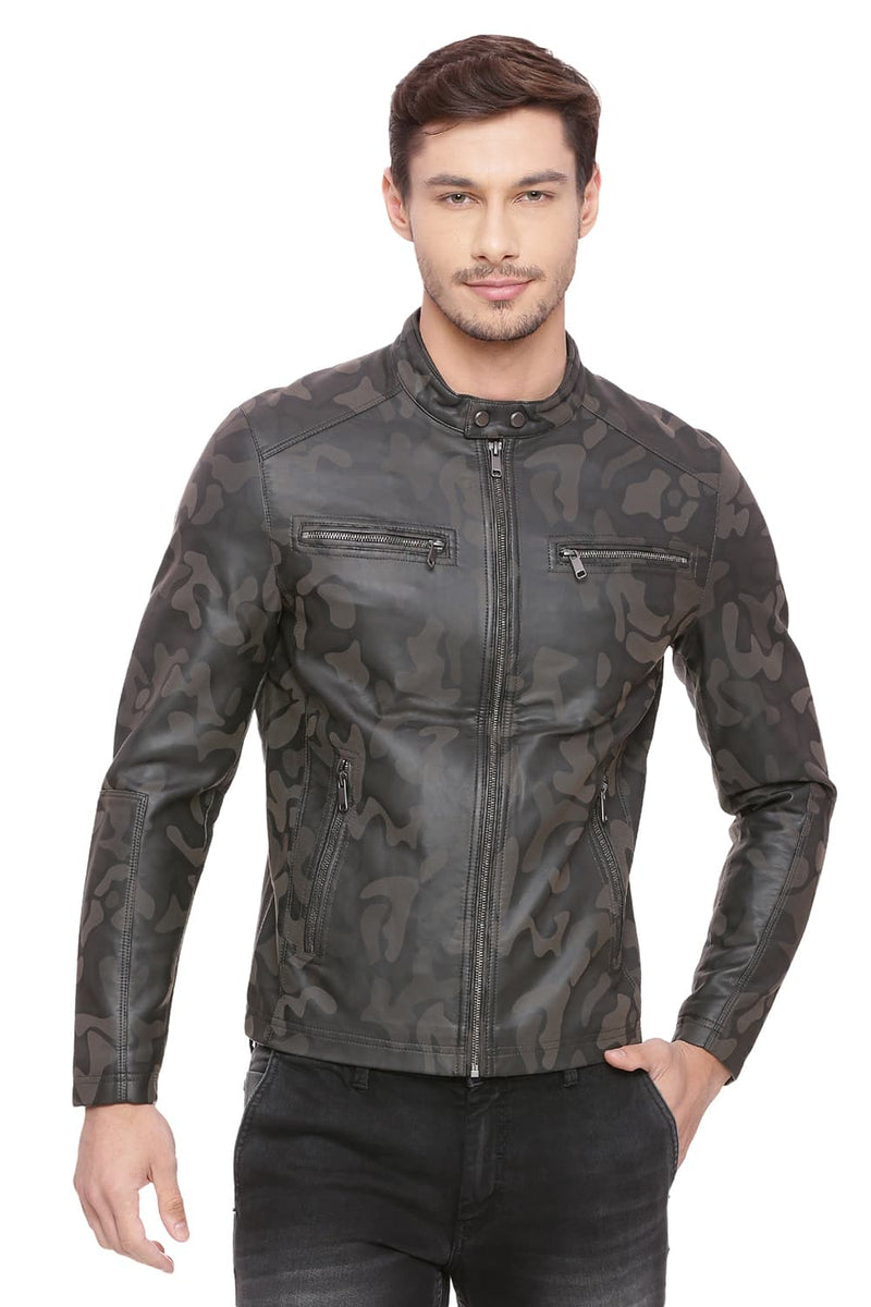 BASICS COMFORT FIT PRINTED FAUX LEATHER JACKET