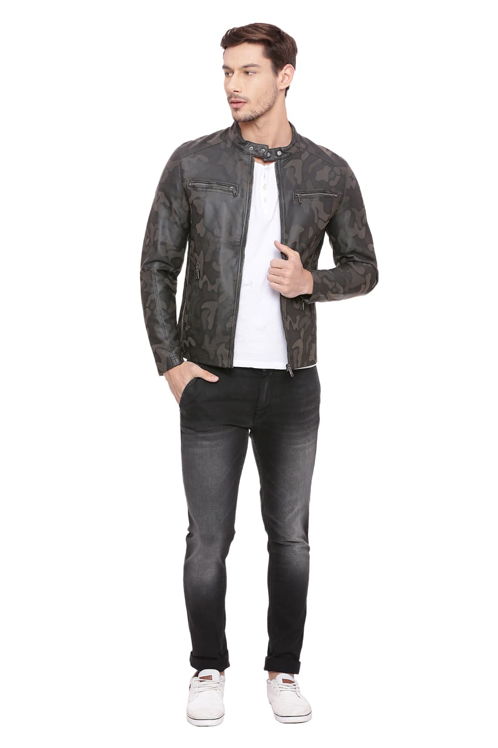 BASICS COMFORT FIT PRINTED FAUX LEATHER JACKET