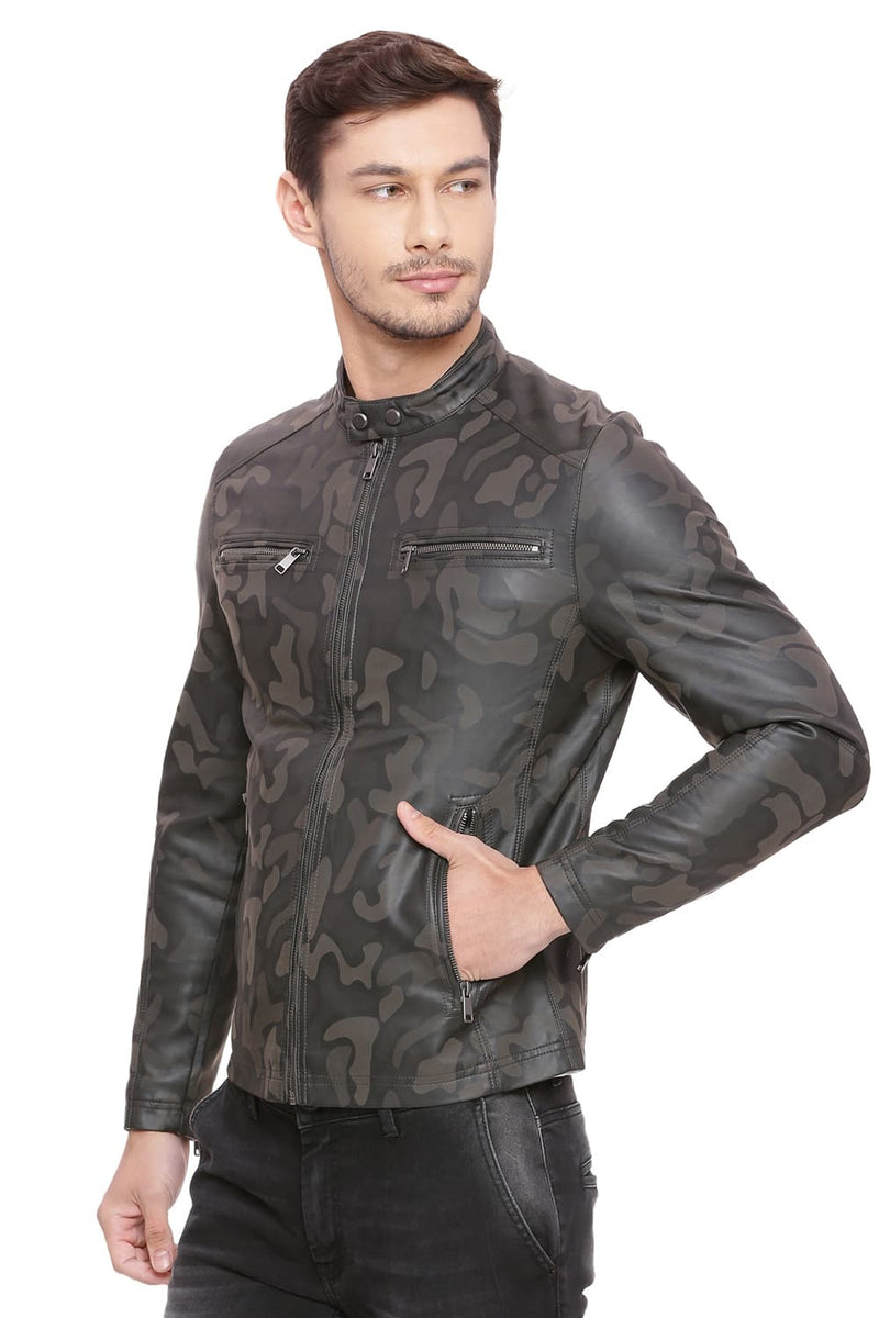 BASICS COMFORT FIT PRINTED FAUX LEATHER JACKET