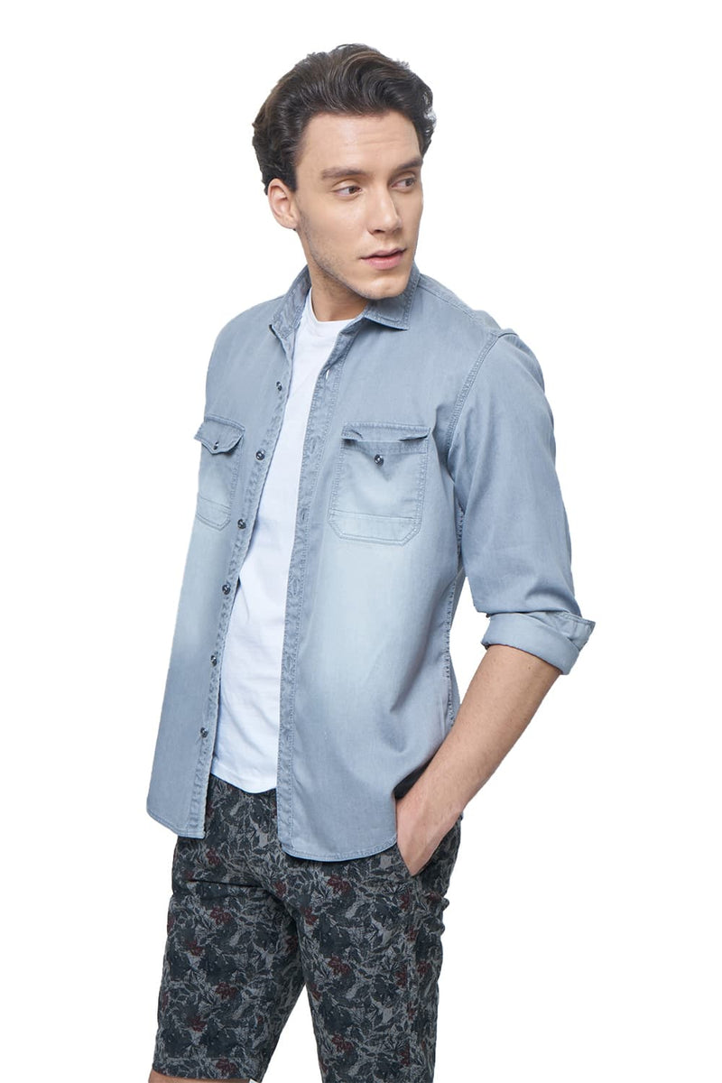 BASICS SLIM FIT TWILL INDIGO SHIRT