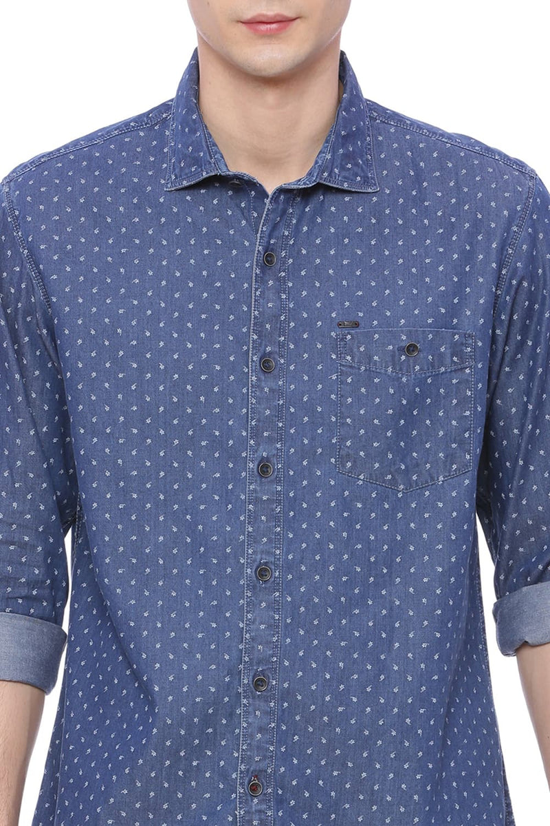 BASICS SLIM FIT PRINTED DENIM SHIRT