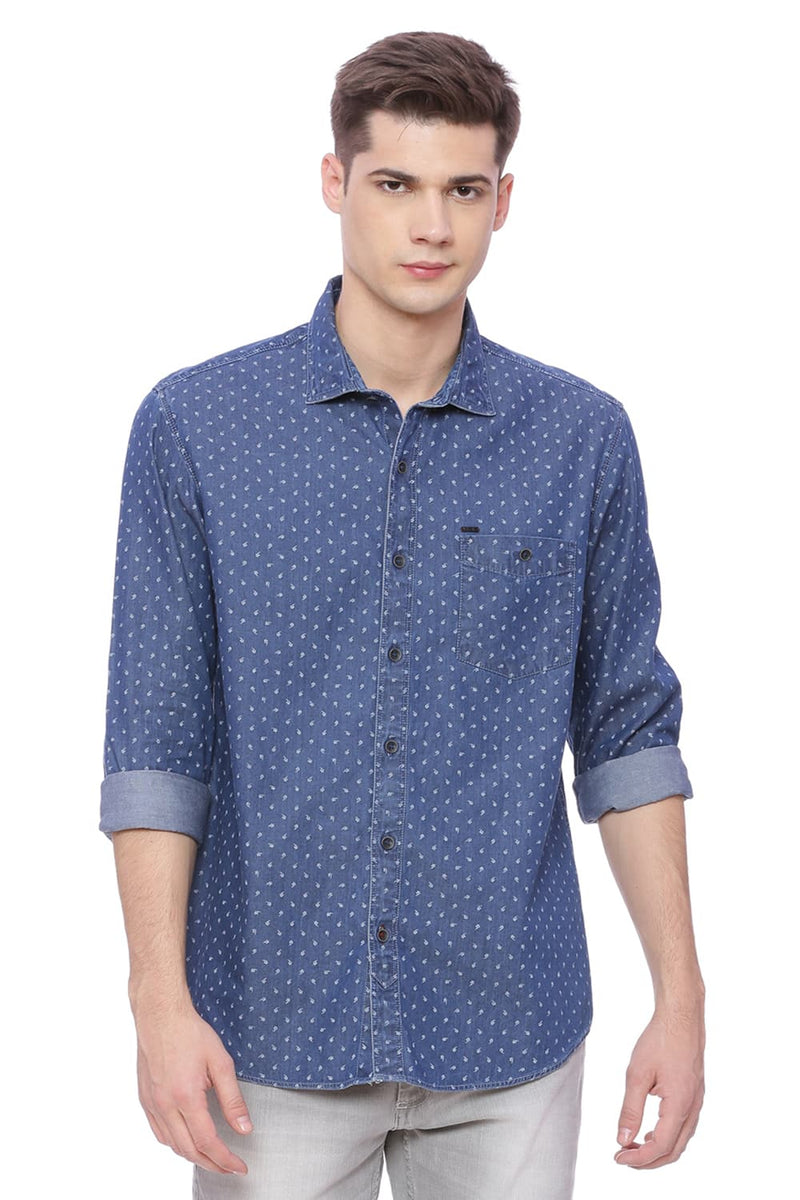 BASICS SLIM FIT PRINTED DENIM SHIRT