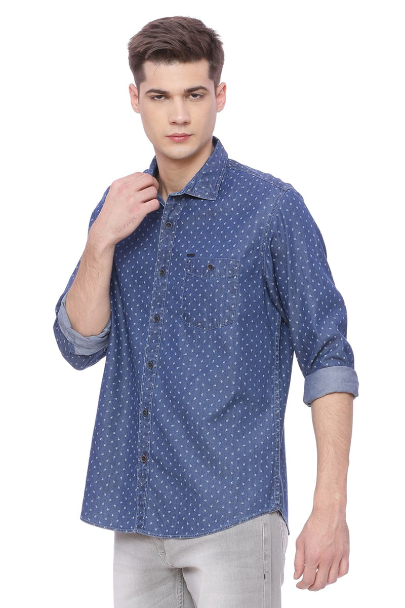 BASICS SLIM FIT PRINTED DENIM SHIRT