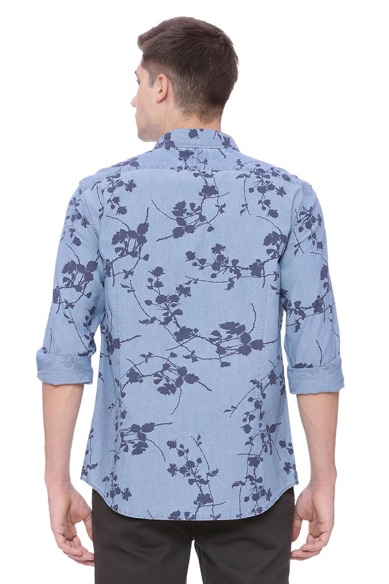 BASICS SLIM FIT PRINTED INDIGO SHIRT