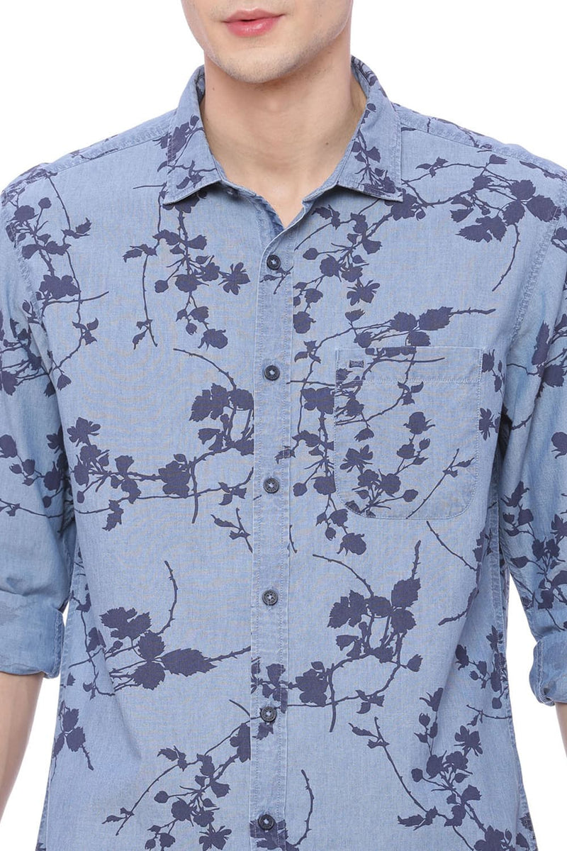 BASICS SLIM FIT PRINTED INDIGO SHIRT