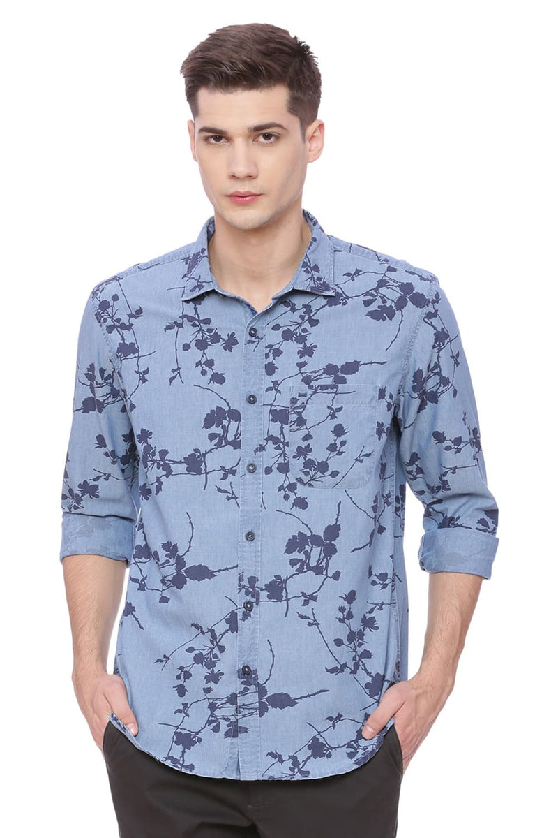 BASICS SLIM FIT PRINTED INDIGO SHIRT