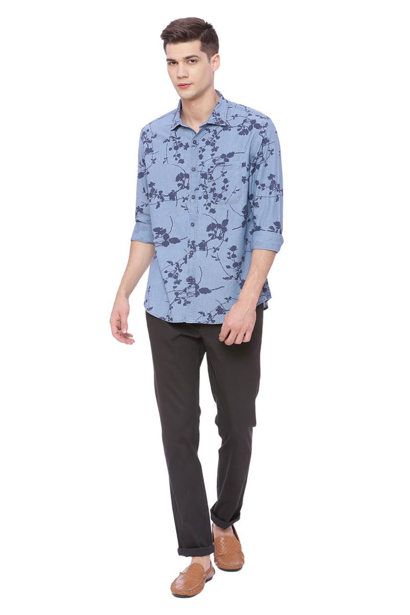 BASICS SLIM FIT PRINTED INDIGO SHIRT