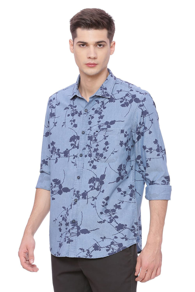 BASICS SLIM FIT PRINTED INDIGO SHIRT