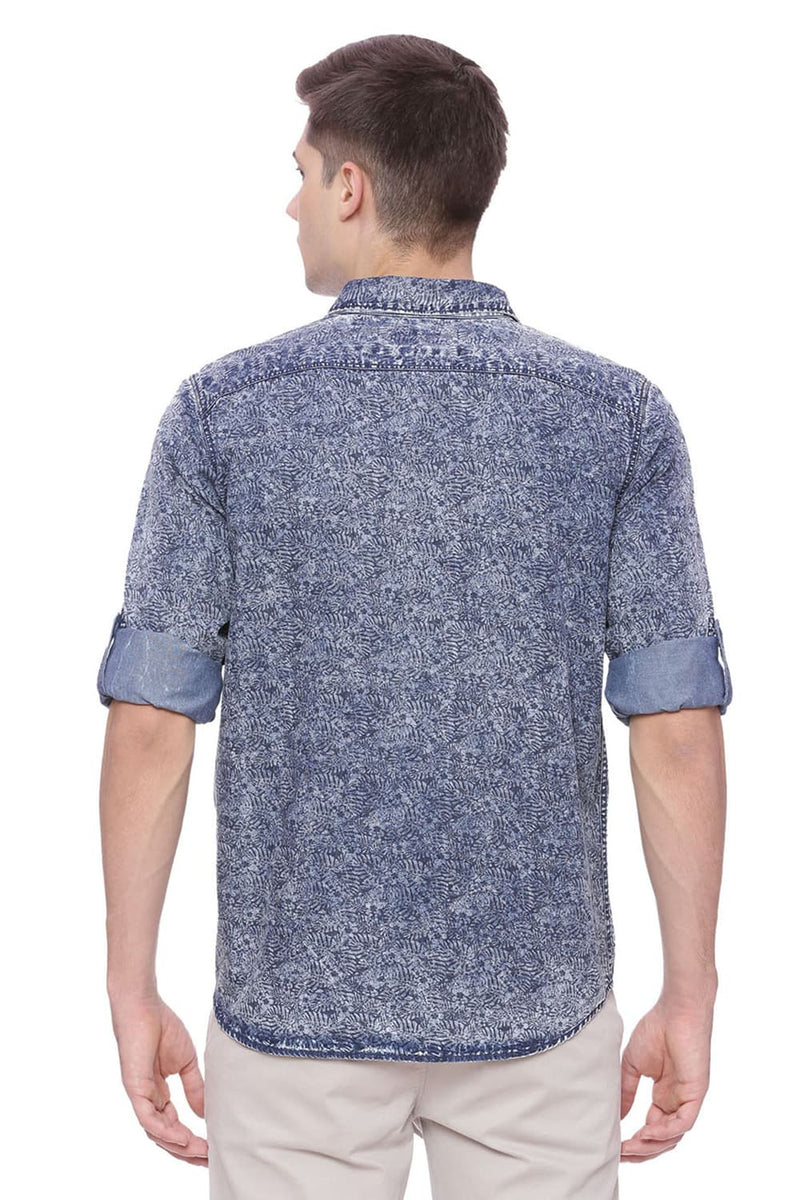 BASICS SLIM FIT PRINTED INDIGO SHIRT