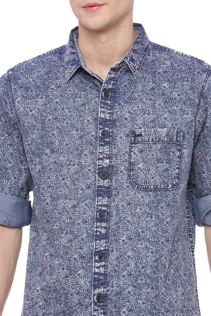 BASICS SLIM FIT PRINTED INDIGO SHIRT