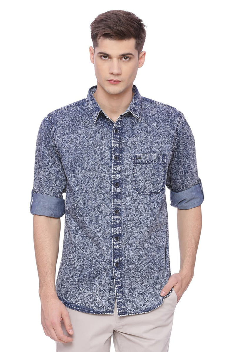 BASICS SLIM FIT PRINTED INDIGO SHIRT