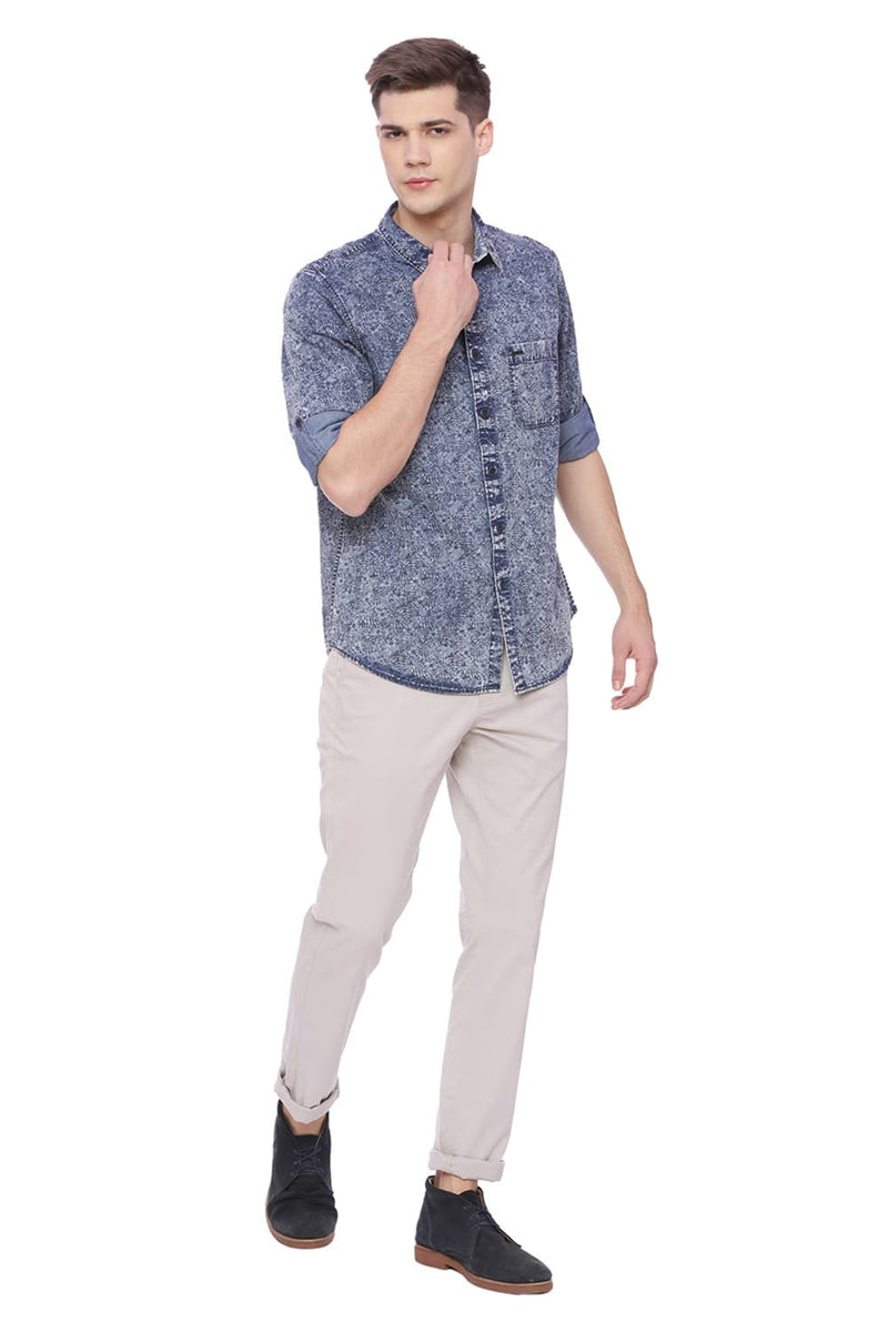 BASICS SLIM FIT PRINTED INDIGO SHIRT